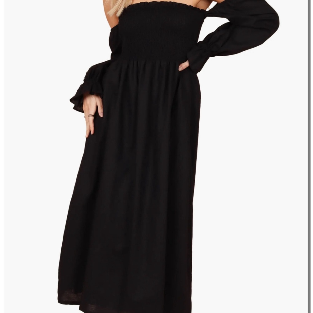 Petal & Pup Black Domenica Off the Shoulder Linen Blend Midi Dress